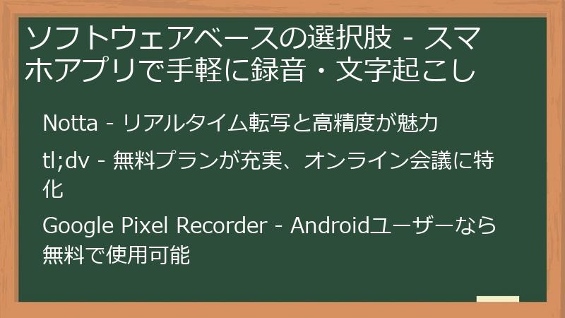 ソフトウェアベースの選択肢 - スマホアプリで手軽に録音・文字起こし
