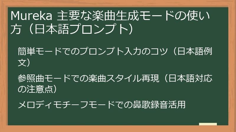 Mureka 主要な楽曲生成モードの使い方（日本語プロンプト）