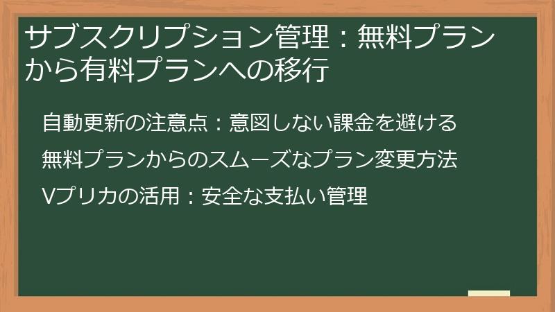 サブスクリプション管理：無料プランから有料プランへの移行