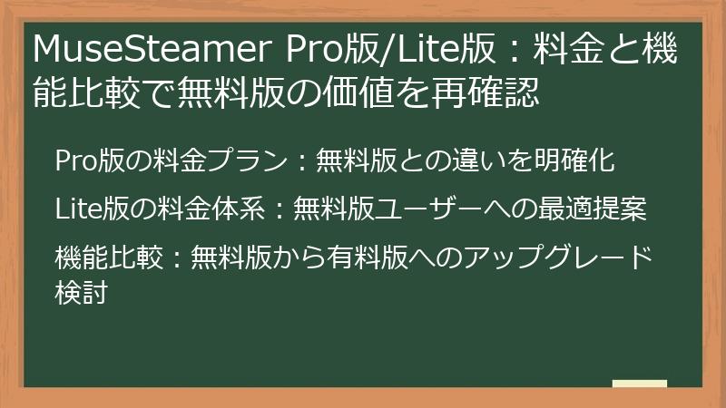 MuseSteamer Pro版/Lite版：料金と機能比較で無料版の価値を再確認