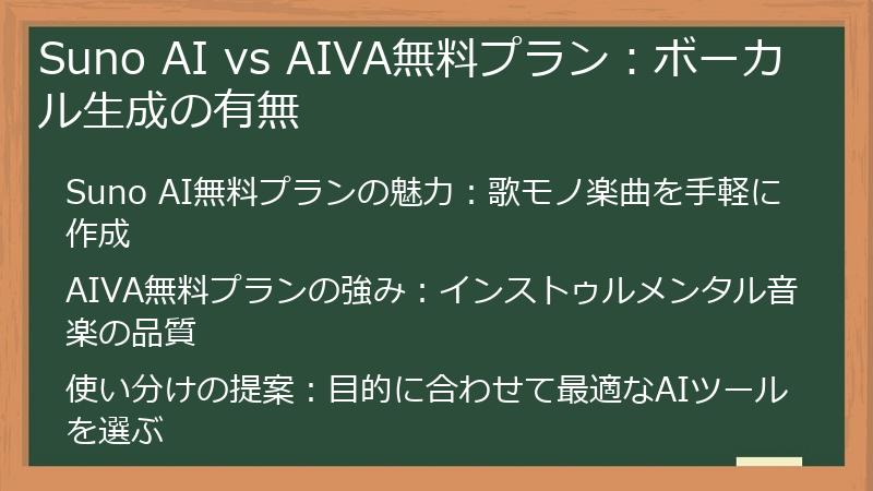 Suno AI vs AIVA無料プラン：ボーカル生成の有無