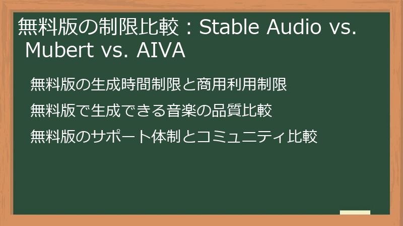 無料版の制限比較：Stable Audio vs. Mubert vs. AIVA