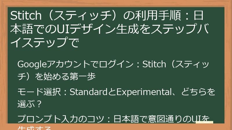 Stitch（スティッチ）の利用手順：日本語でのUIデザイン生成をステップバイステップで