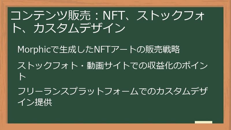 コンテンツ販売：NFT、ストックフォト、カスタムデザイン