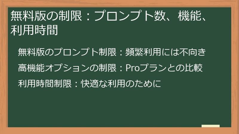 無料版の制限：プロンプト数、機能、利用時間
