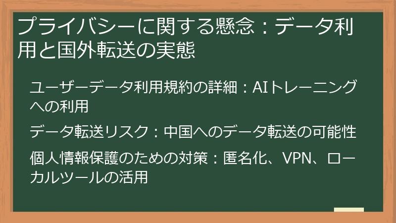 プライバシーに関する懸念：データ利用と国外転送の実態