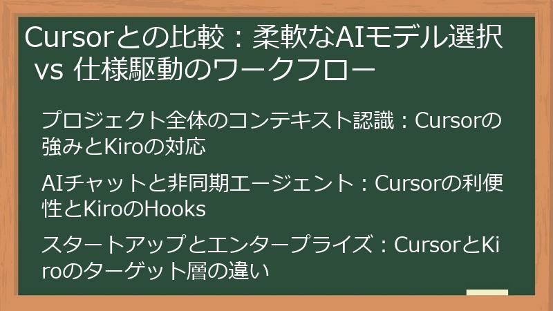 Cursorとの比較：柔軟なAIモデル選択 vs 仕様駆動のワークフロー