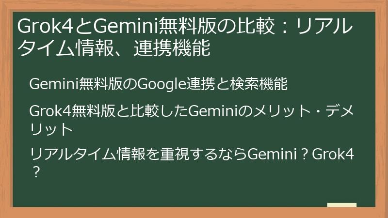 Grok4とGemini無料版の比較：リアルタイム情報、連携機能