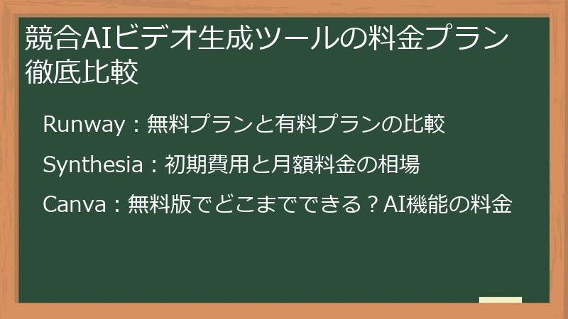 競合AIビデオ生成ツールの料金プラン徹底比較
