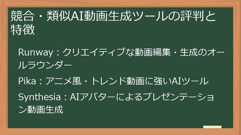 競合・類似AI動画生成ツールの評判と特徴