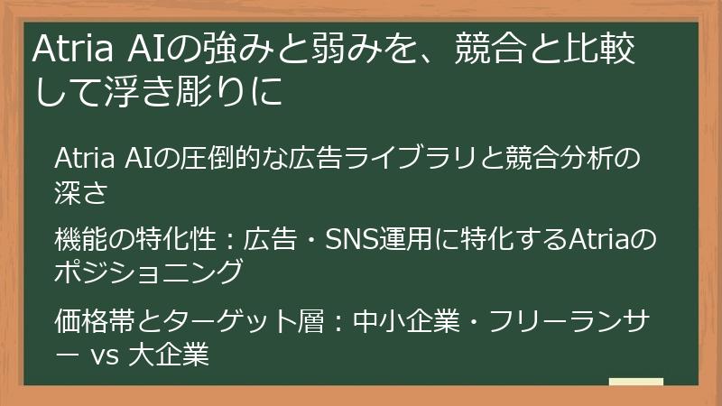 Atria AIの強みと弱みを、競合と比較して浮き彫りに