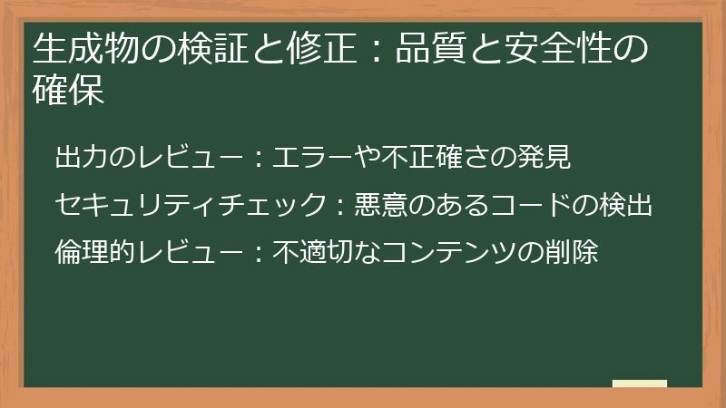 生成物の検証と修正：品質と安全性の確保