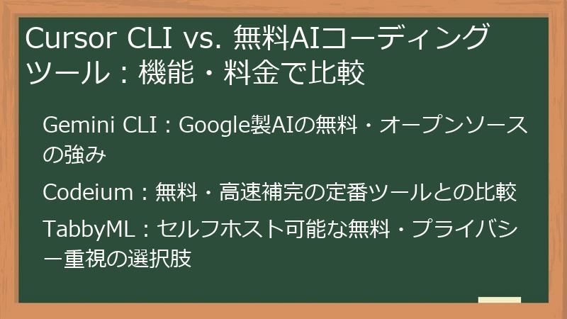Cursor CLI vs. 無料AIコーディングツール：機能・料金で比較