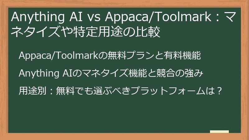 Anything AI vs Appaca/Toolmark：マネタイズや特定用途の比較