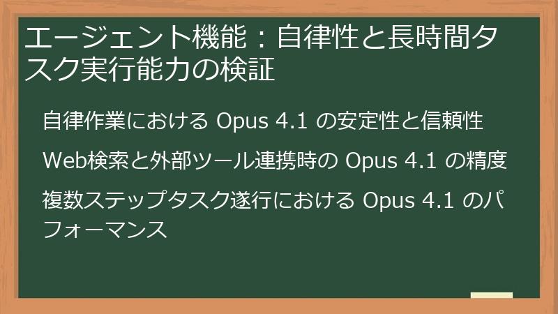 エージェント機能：自律性と長時間タスク実行能力の検証