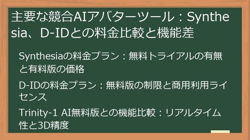 主要な競合AIアバターツール：Synthesia、D-IDとの料金比較と機能差