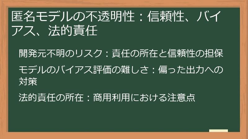 匿名モデルの不透明性：信頼性、バイアス、法的責任
