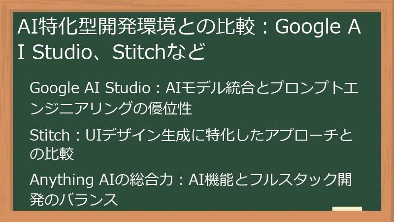 AI特化型開発環境との比較：Google AI Studio、Stitchなど