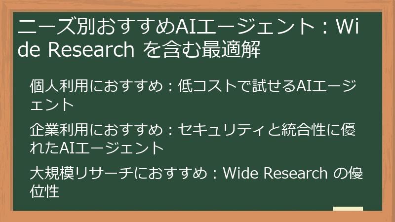 ニーズ別おすすめAIエージェント：Wide Research を含む最適解