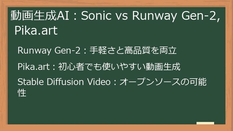 動画生成AI：Sonic vs Runway Gen-2, Pika.art