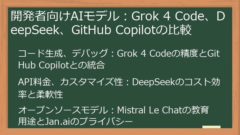開発者向けAIモデル：Grok 4 Code、DeepSeek、GitHub Copilotの比較