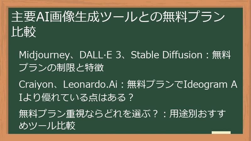 主要AI画像生成ツールとの無料プラン比較