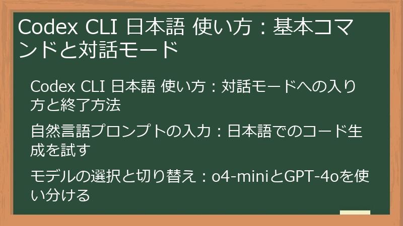 Codex CLI 日本語 使い方：基本コマンドと対話モード