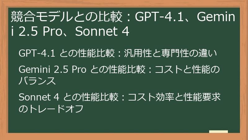 競合モデルとの比較：GPT-4.1、Gemini 2.5 Pro、Sonnet 4