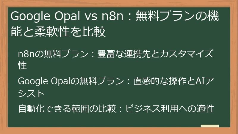 Google Opal vs n8n：無料プランの機能と柔軟性を比較