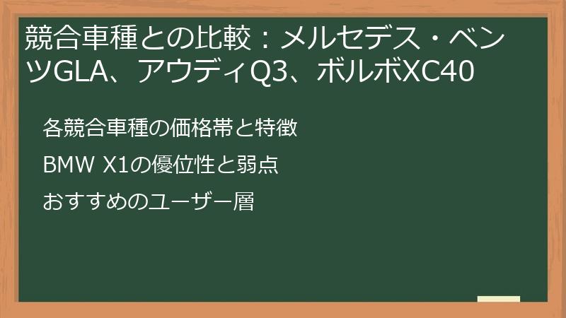 競合車種との比較:メルセデス・ベンツGLA、アウディQ3、ボルボXC40