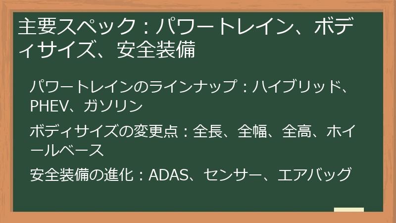 主要スペック：パワートレイン、ボディサイズ、安全装備