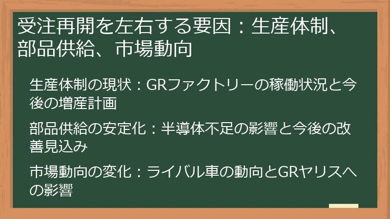 受注再開を左右する要因：生産体制、部品供給、市場動向