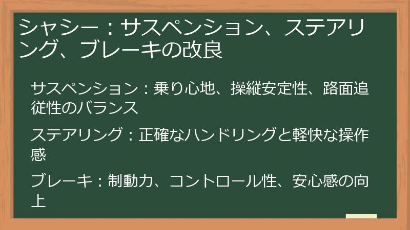 シャシー：サスペンション、ステアリング、ブレーキの改良