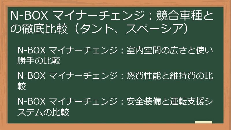 N-BOX マイナーチェンジ：競合車種との徹底比較（タント、スペーシア）