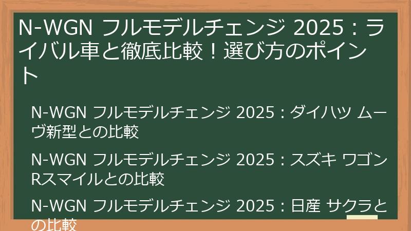 N-WGN フルモデルチェンジ 2025：ライバル車と徹底比較！選び方のポイント