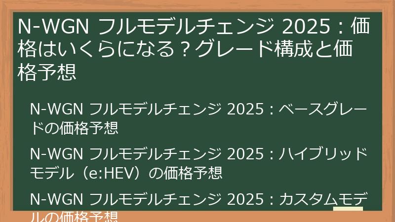 N-WGN フルモデルチェンジ 2025：価格はいくらになる？グレード構成と価格予想