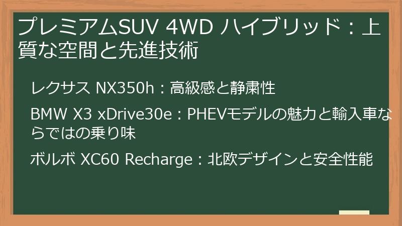 プレミアムSUV 4WD ハイブリッド：上質な空間と先進技術