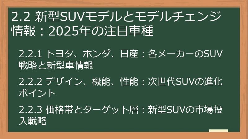 2.2 新型SUVモデルとモデルチェンジ情報：2025年の注目車種