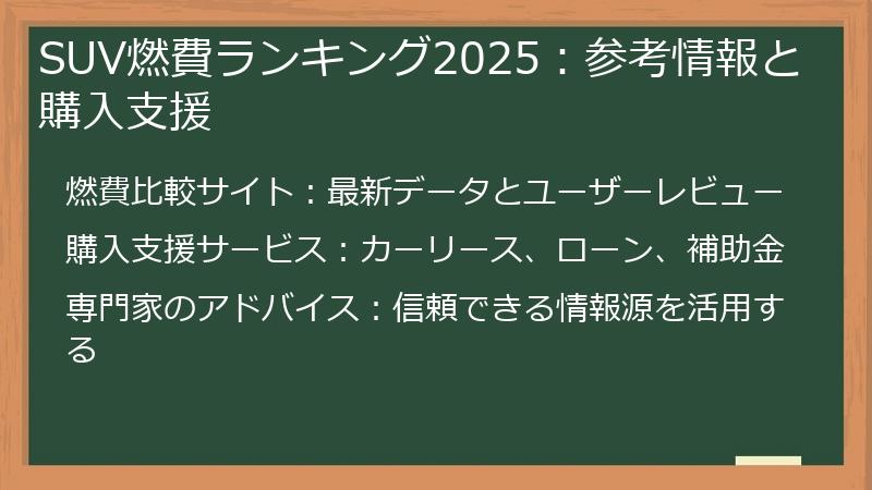 SUV燃費ランキング2025：参考情報と購入支援