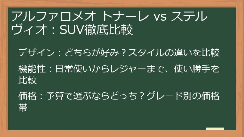 アルファロメオ トナーレ vs ステルヴィオ：SUV徹底比較