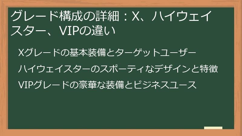 グレード構成の詳細：X、ハイウェイスター、VIPの違い