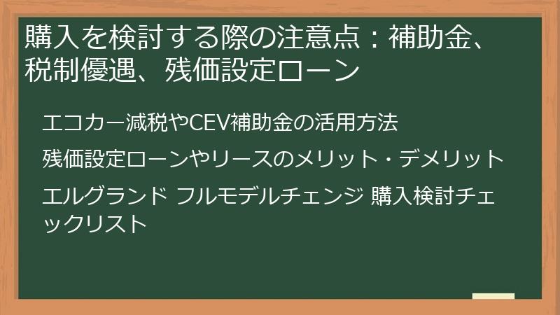 購入を検討する際の注意点：補助金、税制優遇、残価設定ローン