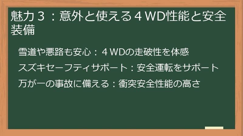 魅力３：意外と使える４WD性能と安全装備
