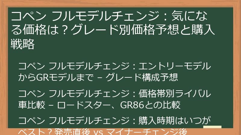 コペン フルモデルチェンジ：気になる価格は？グレード別価格予想と購入戦略