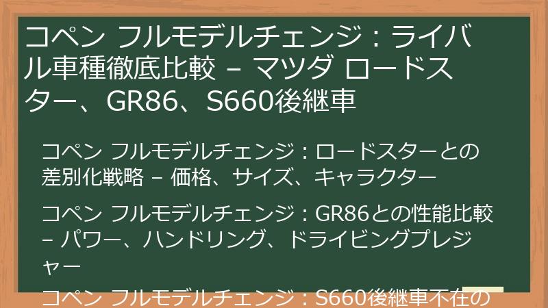 コペン フルモデルチェンジ：ライバル車種徹底比較 – マツダ ロードスター、GR86、S660後継車