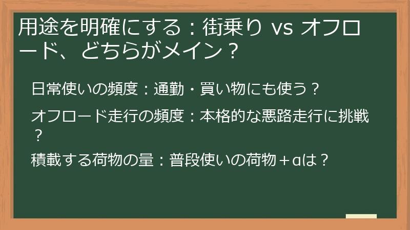 用途を明確にする：街乗り vs オフロード、どちらがメイン？