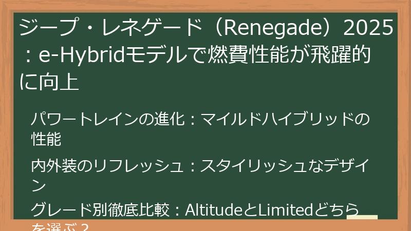 ジープ・レネゲード（Renegade）2025：e-Hybridモデルで燃費性能が飛躍的に向上