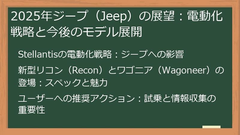 2025年ジープ（Jeep）の展望：電動化戦略と今後のモデル展開