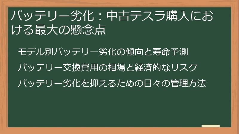 バッテリー劣化：中古テスラ購入における最大の懸念点