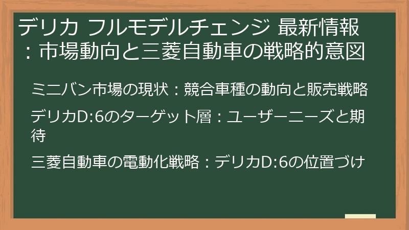 デリカ フルモデルチェンジ 最新情報：市場動向と三菱自動車の戦略的意図